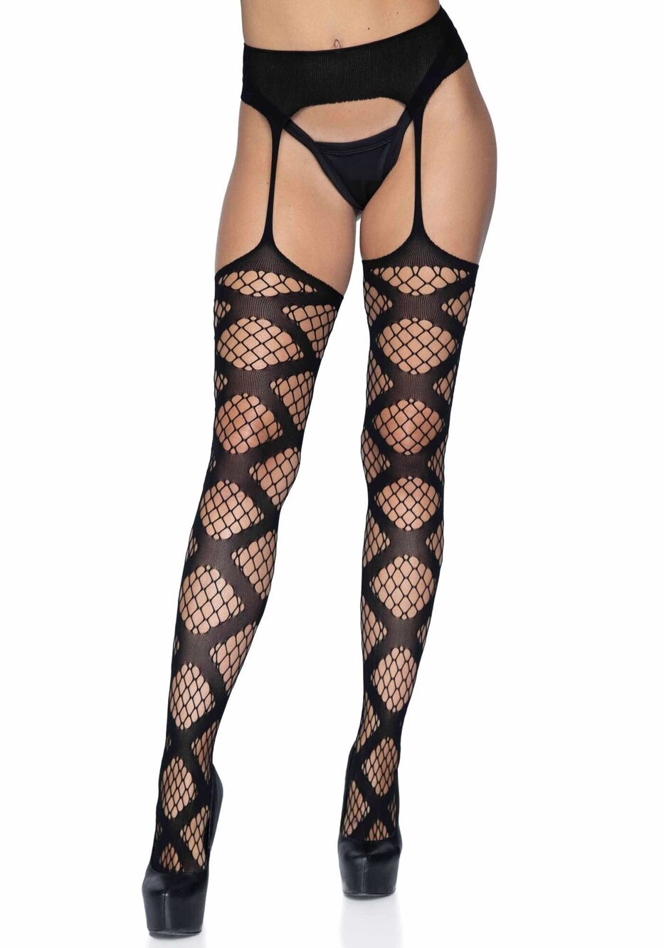 3030 Deco Fishnet Stockings With Attached Garter Belt Tights, Black